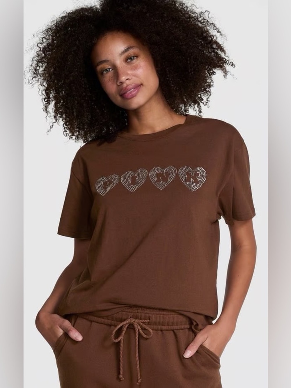 PINK Victoria’s Secret Rhinestone Heart Logo Tee - Brown